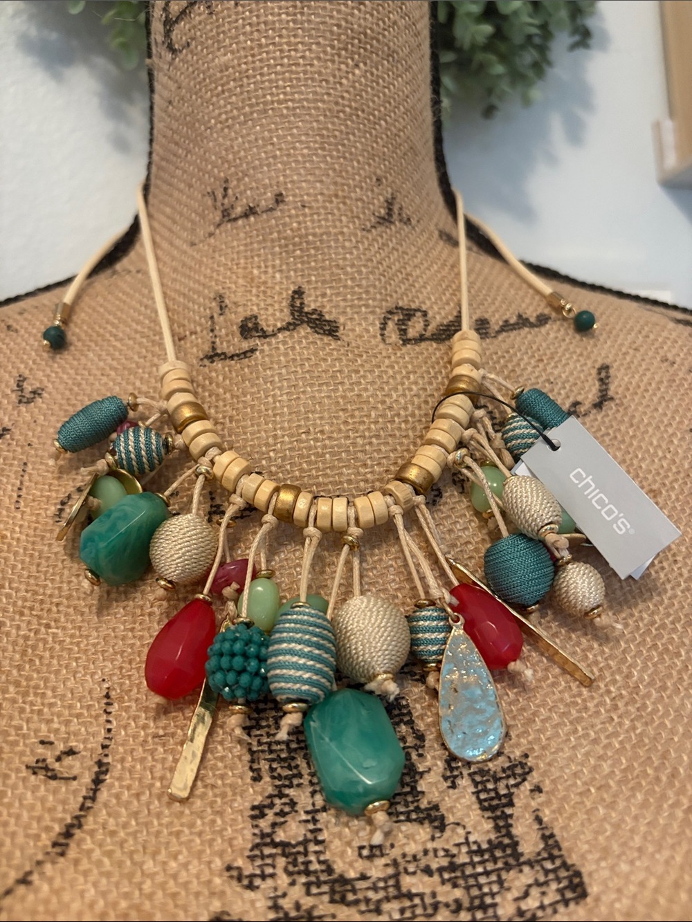 Chico's Teal, Red & Gold Mixed-Bead Statement Necklace